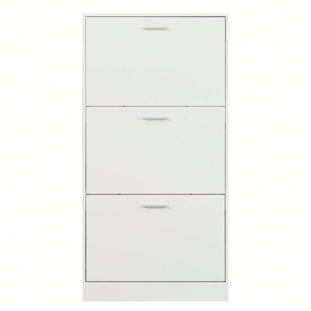 Modern White Slender Shoe Cabinet With 3 Upside Down Drawers For Corridor Bedroom Or Living Room Entrance Image 2