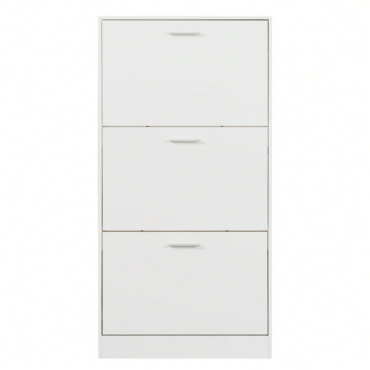 Modern White Slender Shoe Cabinet With 3 Upside Down Drawers For Corridor Bedroom Or Living Room Entrance Image 2