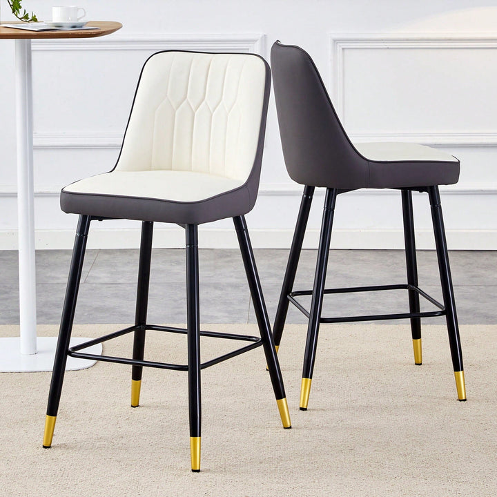 Set Of 2 Contemporary Two-Tone PU Bar Stools With Gold Legs - White And Dark Gray Spliced Design With Black Metal Legs Image 1