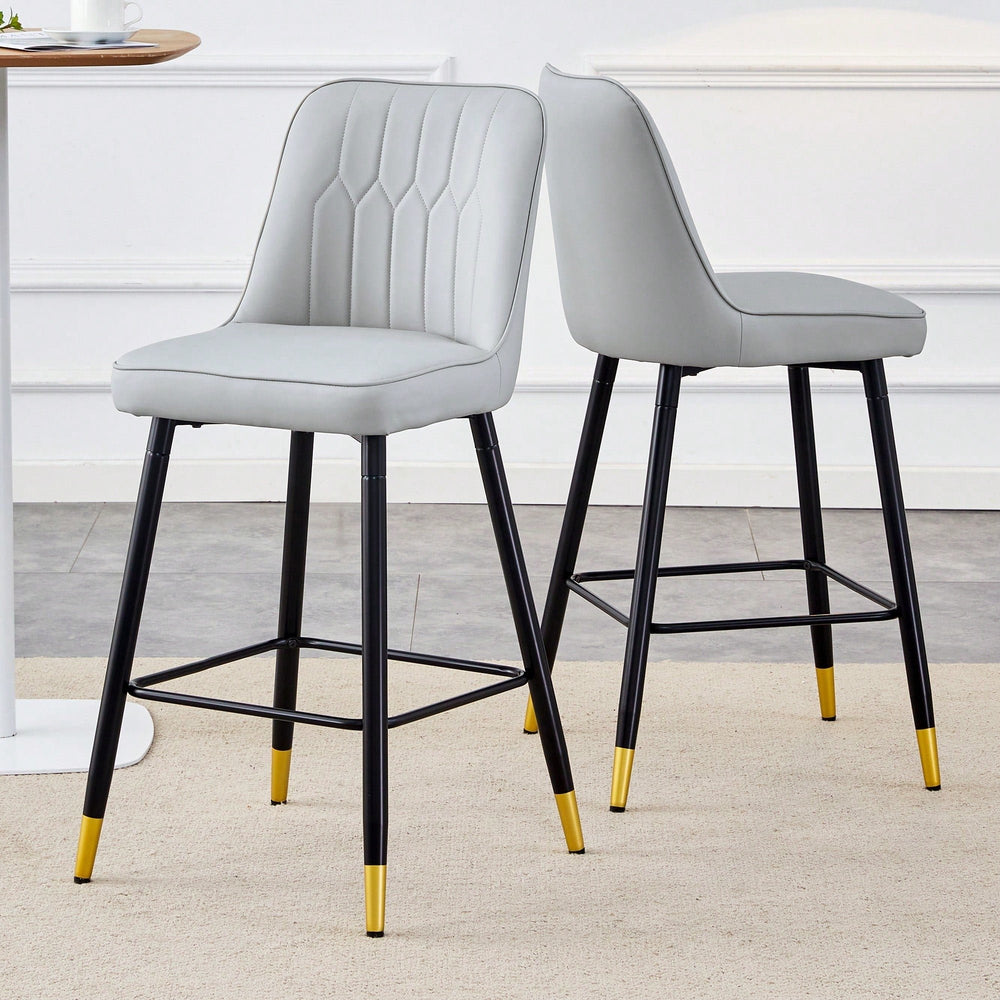 Set Of 2 Contemporary Two-Tone PU Bar Stools With Gold Legs - White And Dark Gray Spliced Design With Black Metal Legs Image 2