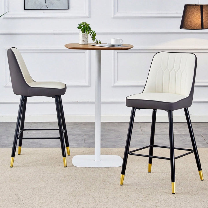 Set Of 2 Contemporary Two-Tone PU Bar Stools With Gold Legs - White And Dark Gray Spliced Design With Black Metal Legs Image 3