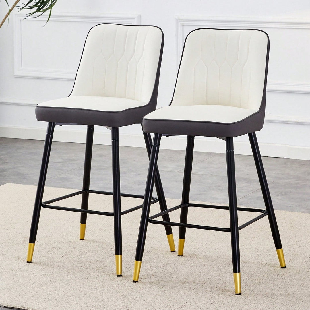 Set Of 2 Contemporary Two-Tone PU Bar Stools With Gold Legs - White And Dark Gray Spliced Design With Black Metal Legs Image 4