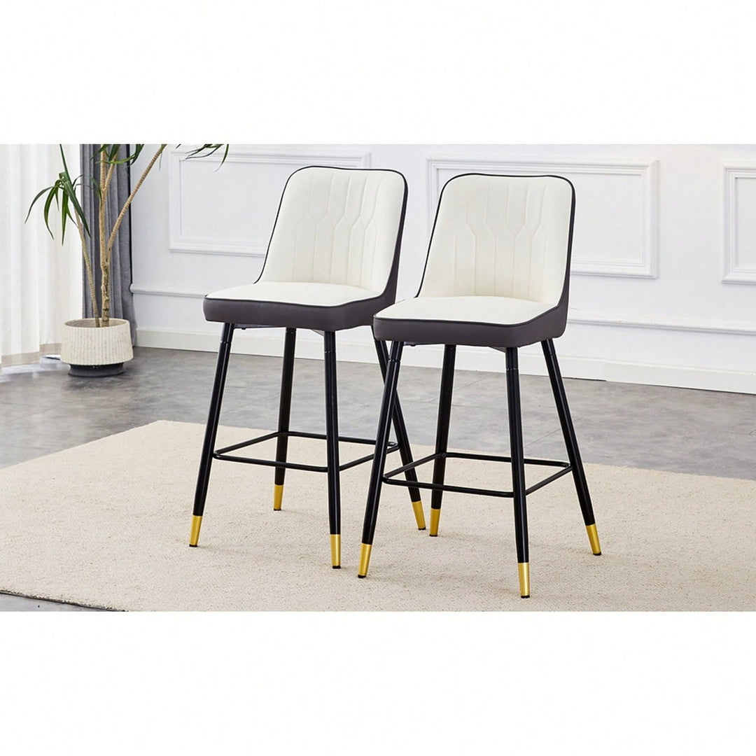 Set Of 2 Contemporary Two-Tone PU Bar Stools With Gold Legs - White And Dark Gray Spliced Design With Black Metal Legs Image 6