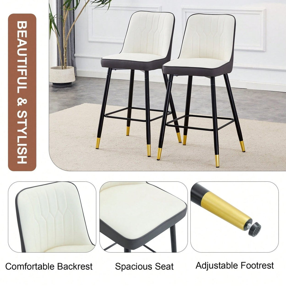 Set Of 2 Contemporary Two-Tone PU Bar Stools With Gold Legs - White And Dark Gray Spliced Design With Black Metal Legs Image 7