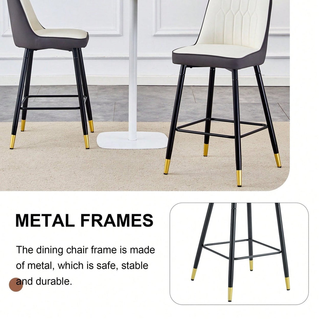 Set Of 2 Contemporary Two-Tone PU Bar Stools With Gold Legs - White And Dark Gray Spliced Design With Black Metal Legs Image 9