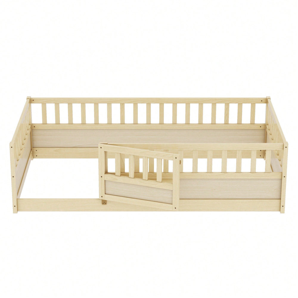 Montessori Twin Size Floor Bed With High Security Barrier And Door - Natural Wood Childrens Bed Frame Image 2