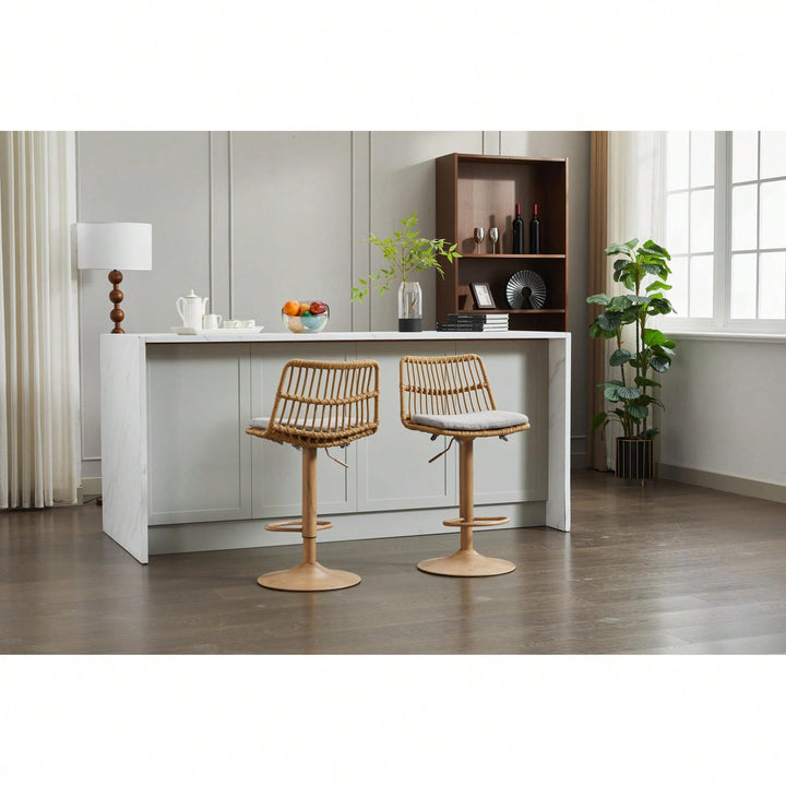 Set Of 2, 360 Degree Swivel Rattan Bar Stools With Footrest For Kitchen And Dining Room Counter Height Image 6