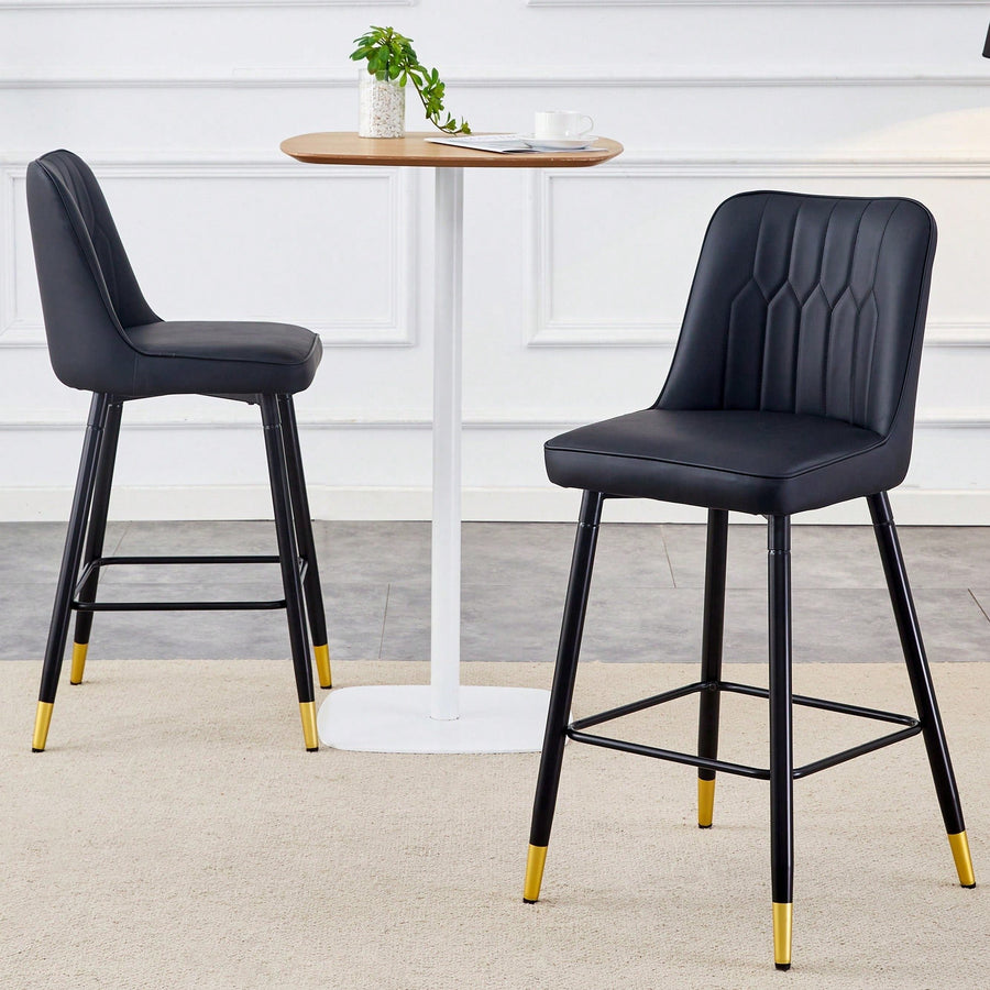 Stylish Black PU Bar Stools With Gold Legs And Comfortable Footrest Set Of 2 Image 1