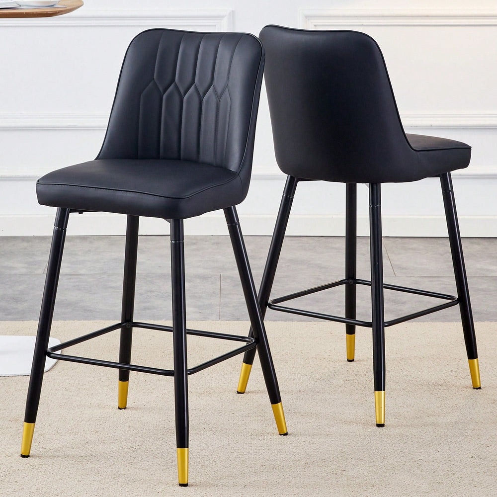 Stylish Black PU Bar Stools With Gold Legs And Comfortable Footrest Set Of 2 Image 2