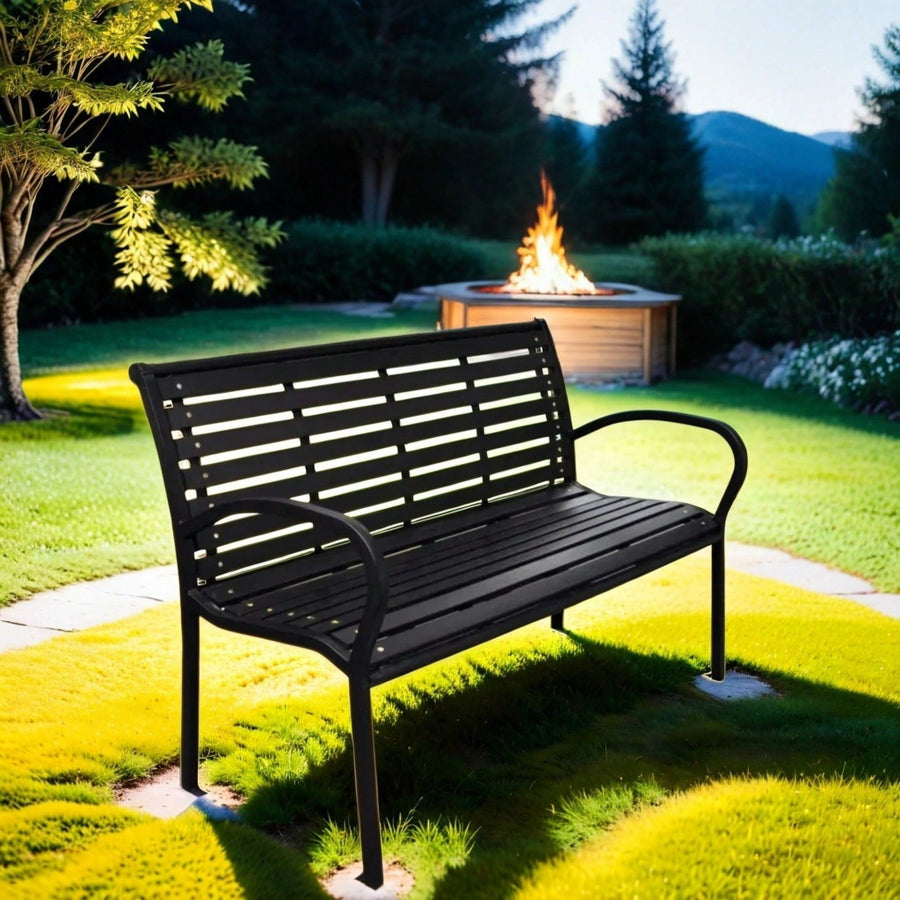 Stylish 45.7 Inch Black Steel And WPC Patio Bench For Outdoor Relaxation Image 1