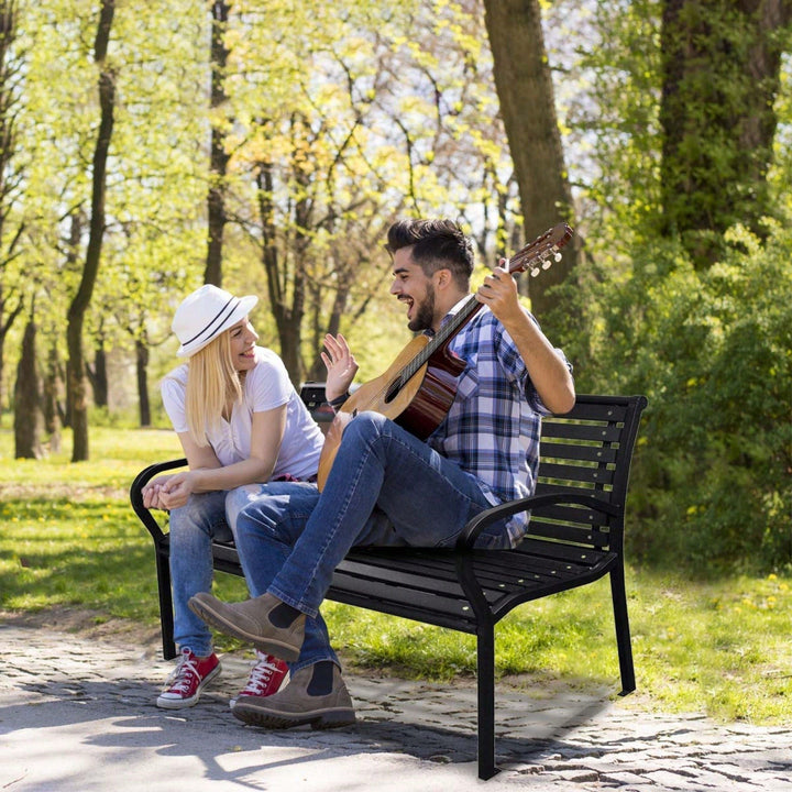 Stylish 45.7 Inch Black Steel And WPC Patio Bench For Outdoor Relaxation Image 2