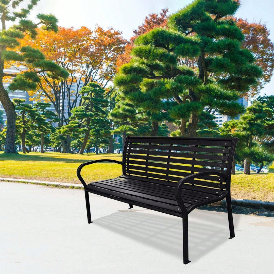 Stylish 45.7 Inch Black Steel And WPC Patio Bench For Outdoor Relaxation Image 3