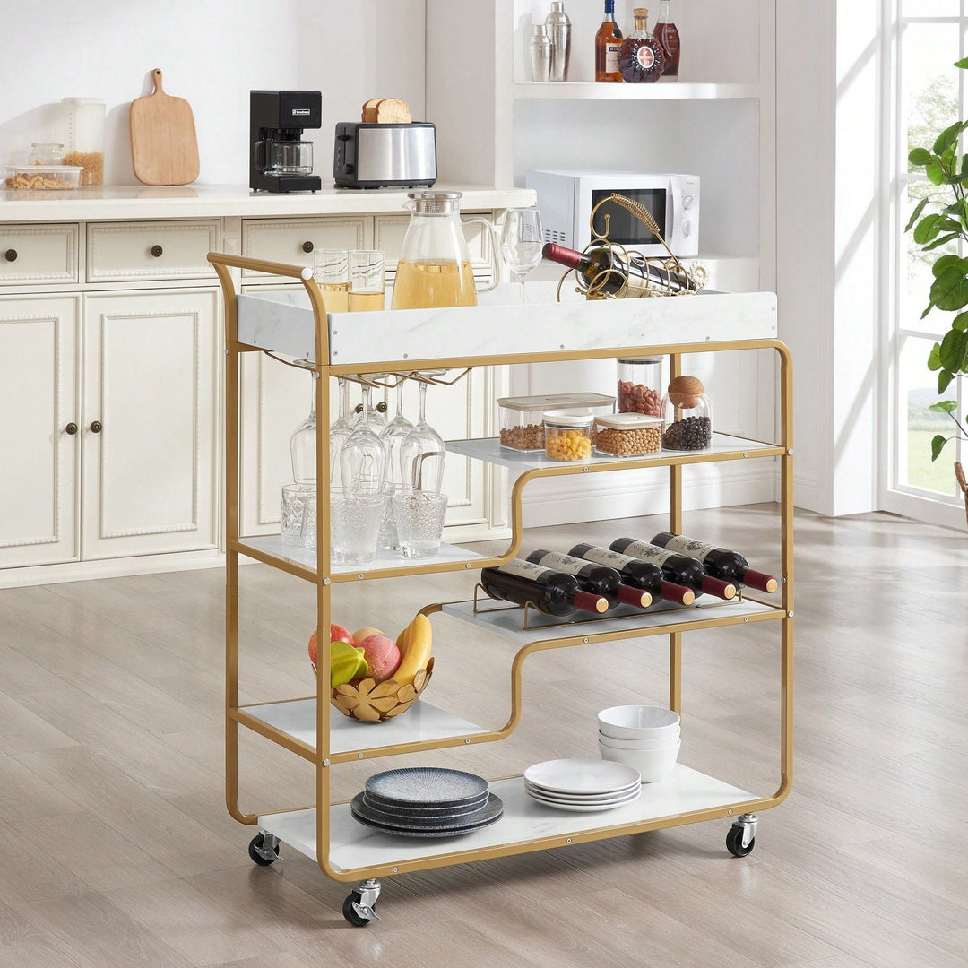 6-Tier Retro Style Bar Cart With Wine Rack And Glass Holder, Rolling Beverage Trolley For Kitchen And Living Room Image 3