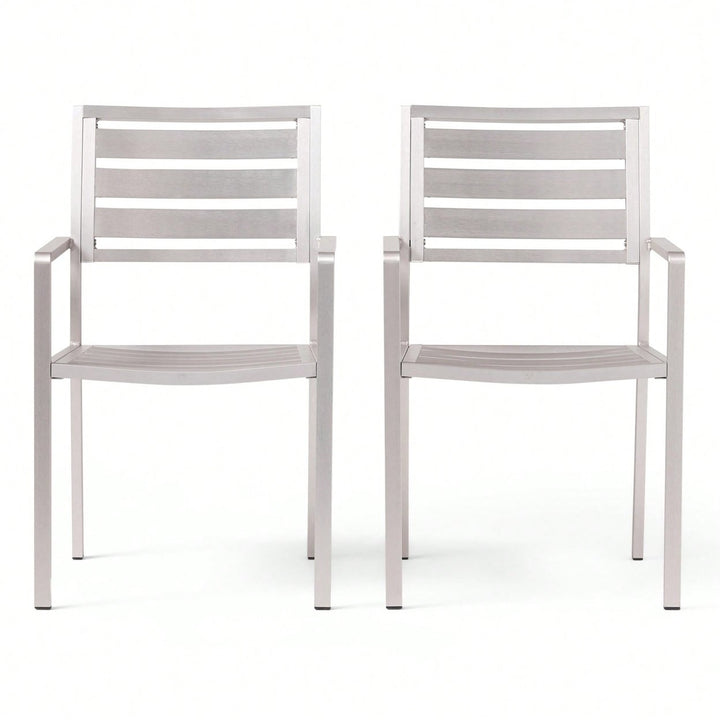 Contemporary Silver Aluminum Outdoor Dining Chairs Set Of 2 For Patio And Garden Image 1