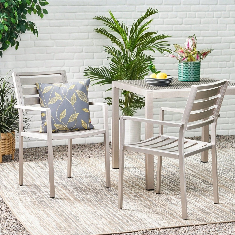 Contemporary Silver Aluminum Outdoor Dining Chairs Set Of 2 For Patio And Garden Image 2