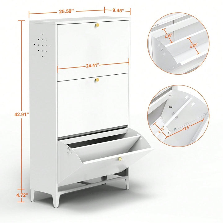 Freestanding 3 Drawer Steel Shoe Cabinet With Flip Door Modern Storage Organizer For Entryway Hallway Bedroom In White Image 7