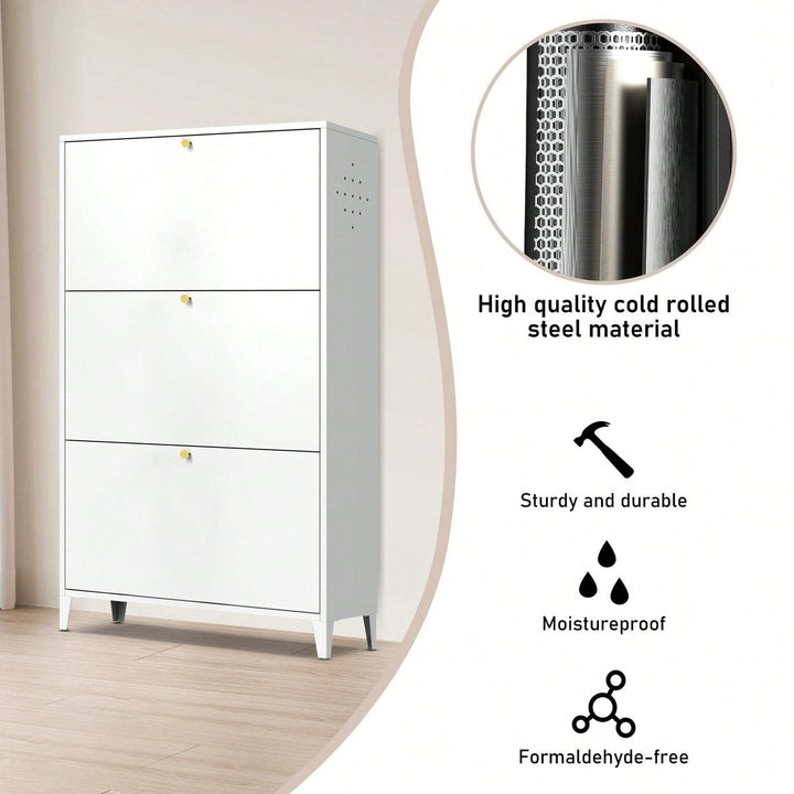 Freestanding 3 Drawer Steel Shoe Cabinet With Flip Door Modern Storage Organizer For Entryway Hallway Bedroom In White Image 9