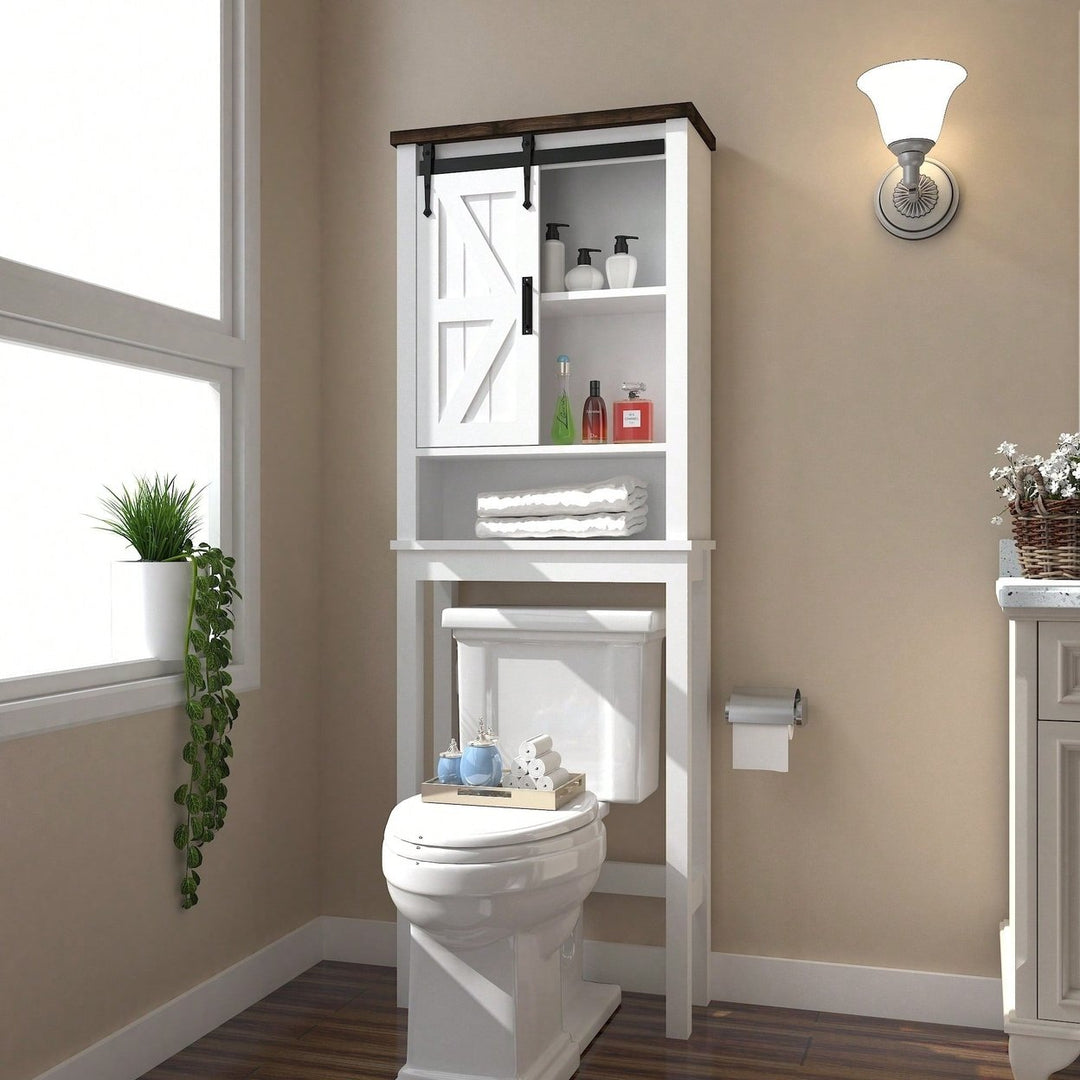 Farmhouse Style Over Toilet Storage Cabinet With Adjustable Shelves And Sliding Barn Doors For Bathroom And Living Room Image 5