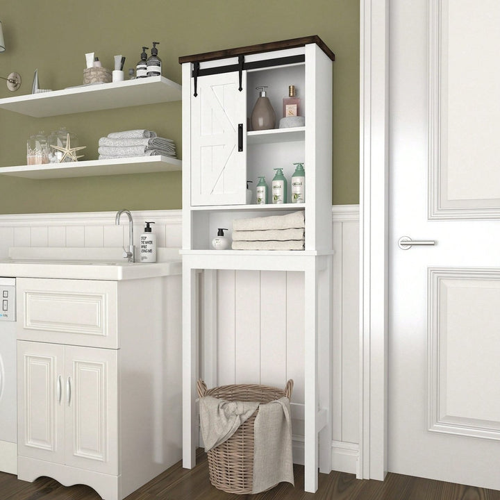 Farmhouse Style Over Toilet Storage Cabinet With Adjustable Shelves And Sliding Barn Doors For Bathroom And Living Room Image 6