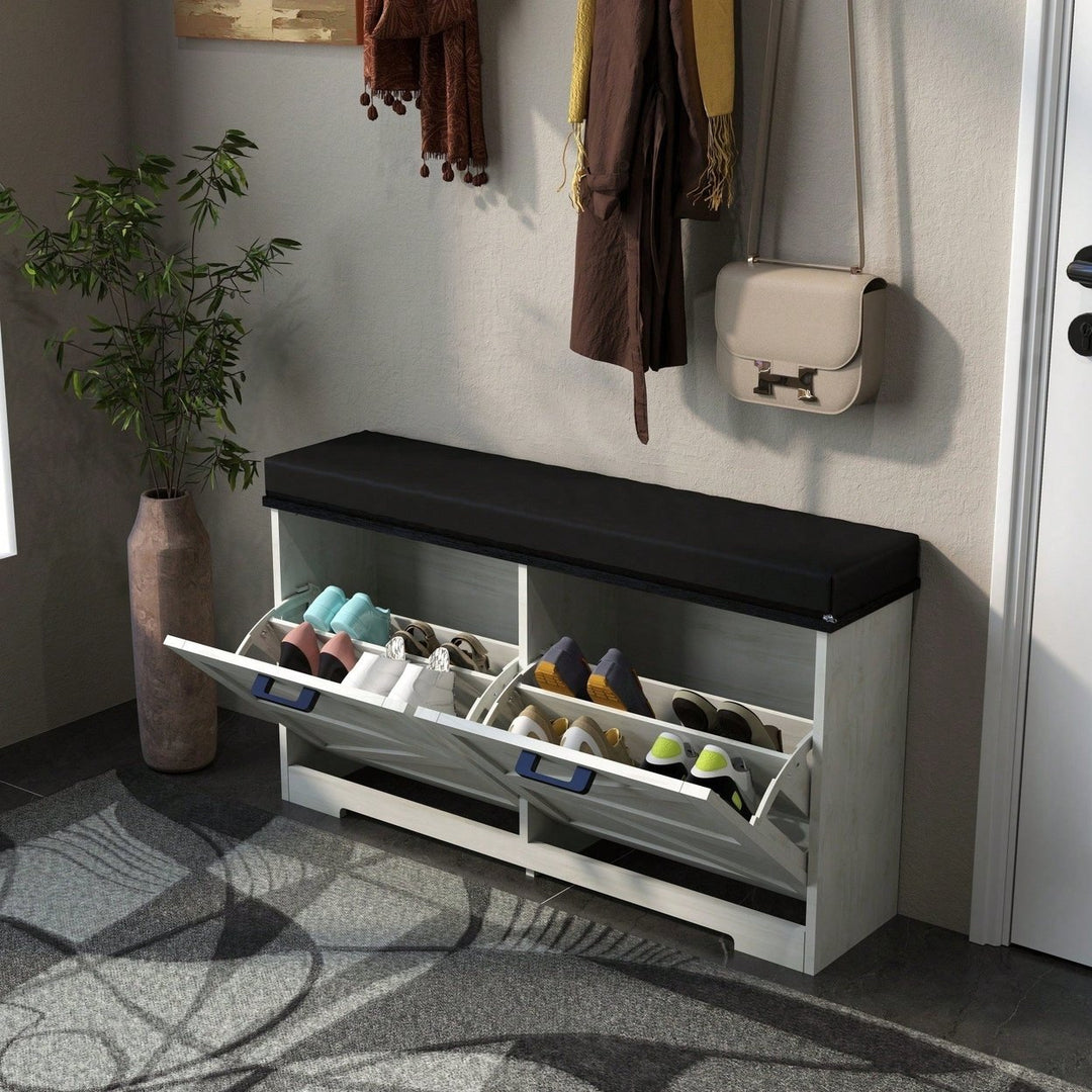 Entryway Shoe Storage Bench With Coat Rack And Padded Seat Cushion, Adjustable Flip Drawers For Hallway Organization Image 7