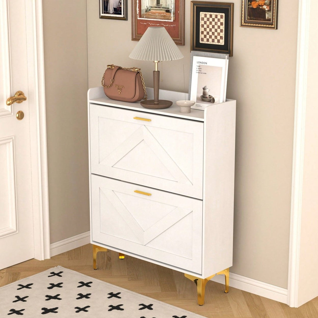 Modern White Shoe Cabinet with Flip Drawers and Open Shelves Slim Freestanding Organizer for Heels Boots and Slippers Image 9