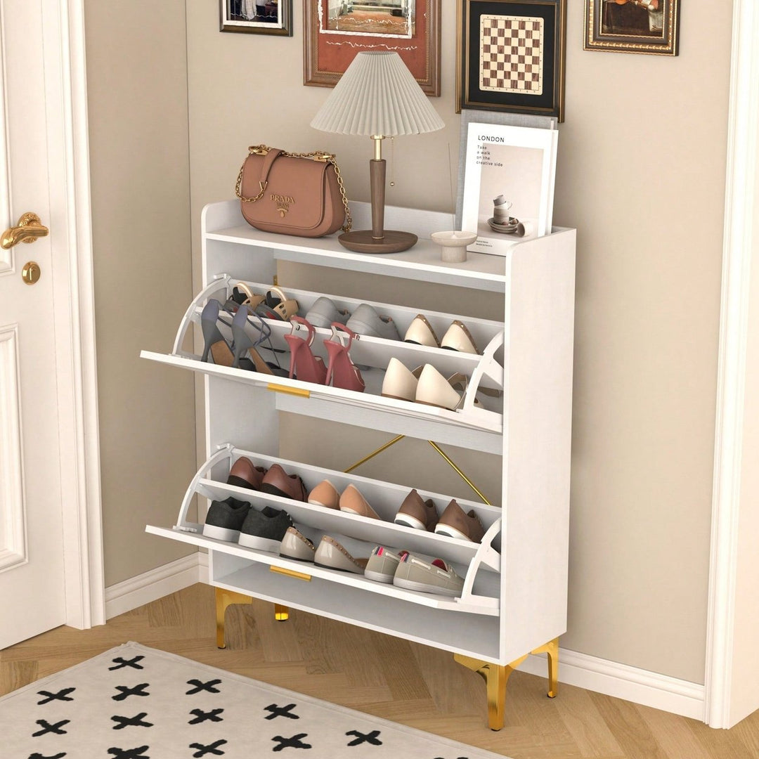 Modern White Shoe Cabinet with Flip Drawers and Open Shelves Slim Freestanding Organizer for Heels Boots and Slippers Image 10