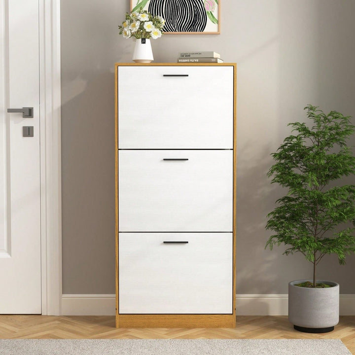 Narrow Freestanding Shoe Storage Cabinet With 3 White Flip Drawers For Entryway Organization Image 1