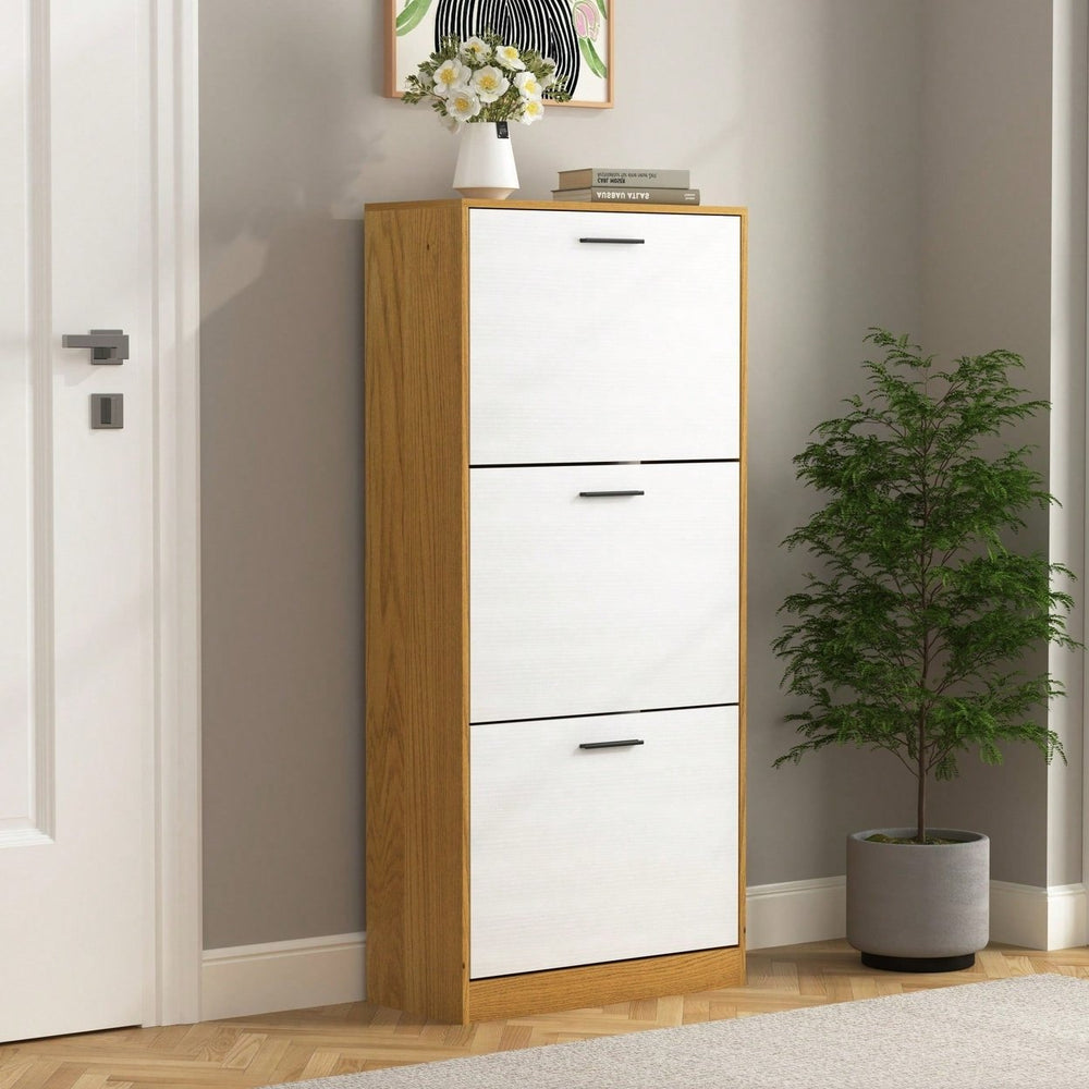 Narrow Freestanding Shoe Storage Cabinet With 3 White Flip Drawers For Entryway Organization Image 2