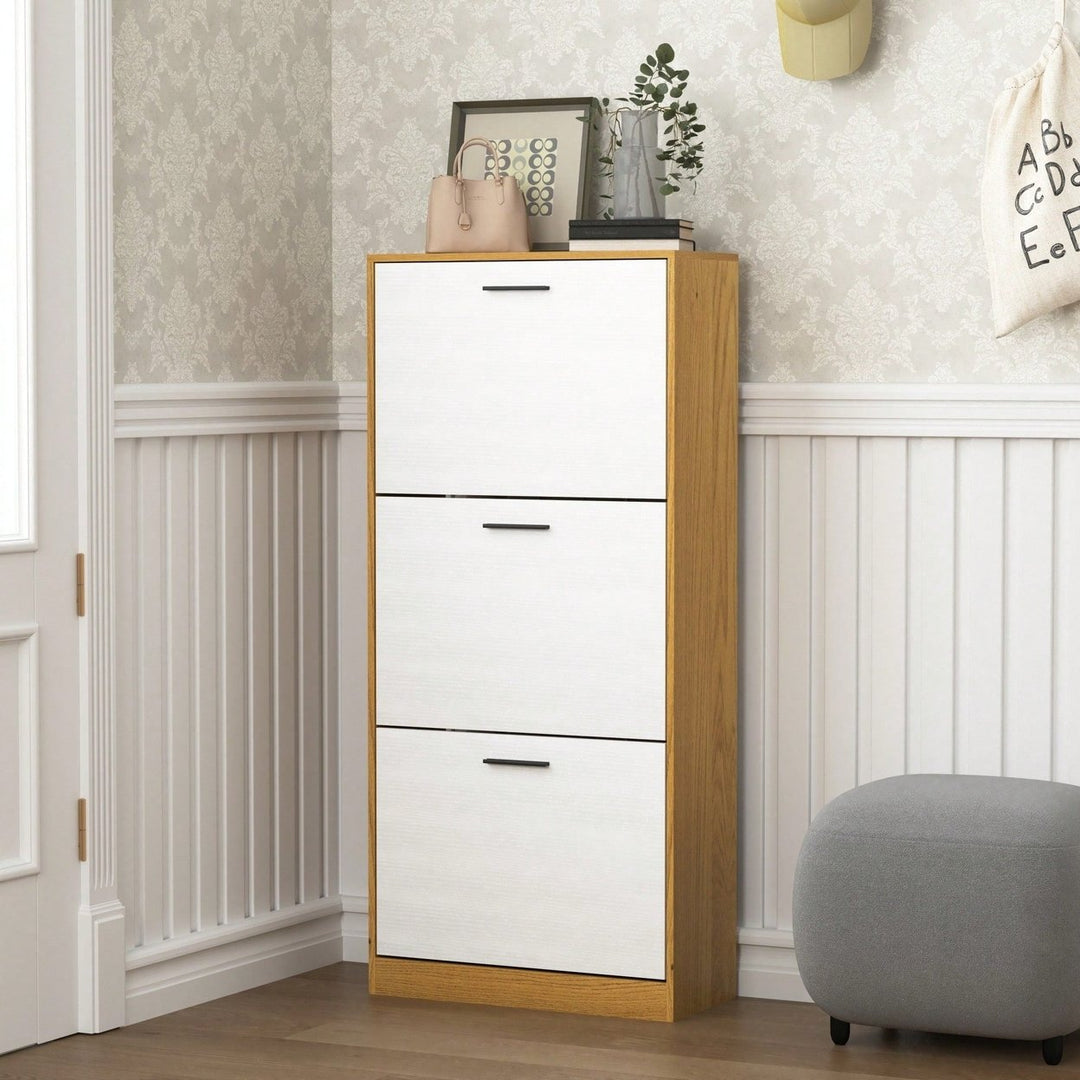 Narrow Freestanding Shoe Storage Cabinet With 3 White Flip Drawers For Entryway Organization Image 3