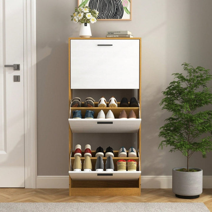 Narrow Freestanding Shoe Storage Cabinet With 3 White Flip Drawers For Entryway Organization Image 4