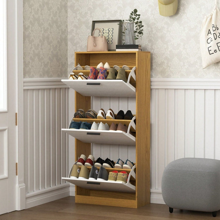 Narrow Freestanding Shoe Storage Cabinet With 3 White Flip Drawers For Entryway Organization Image 6