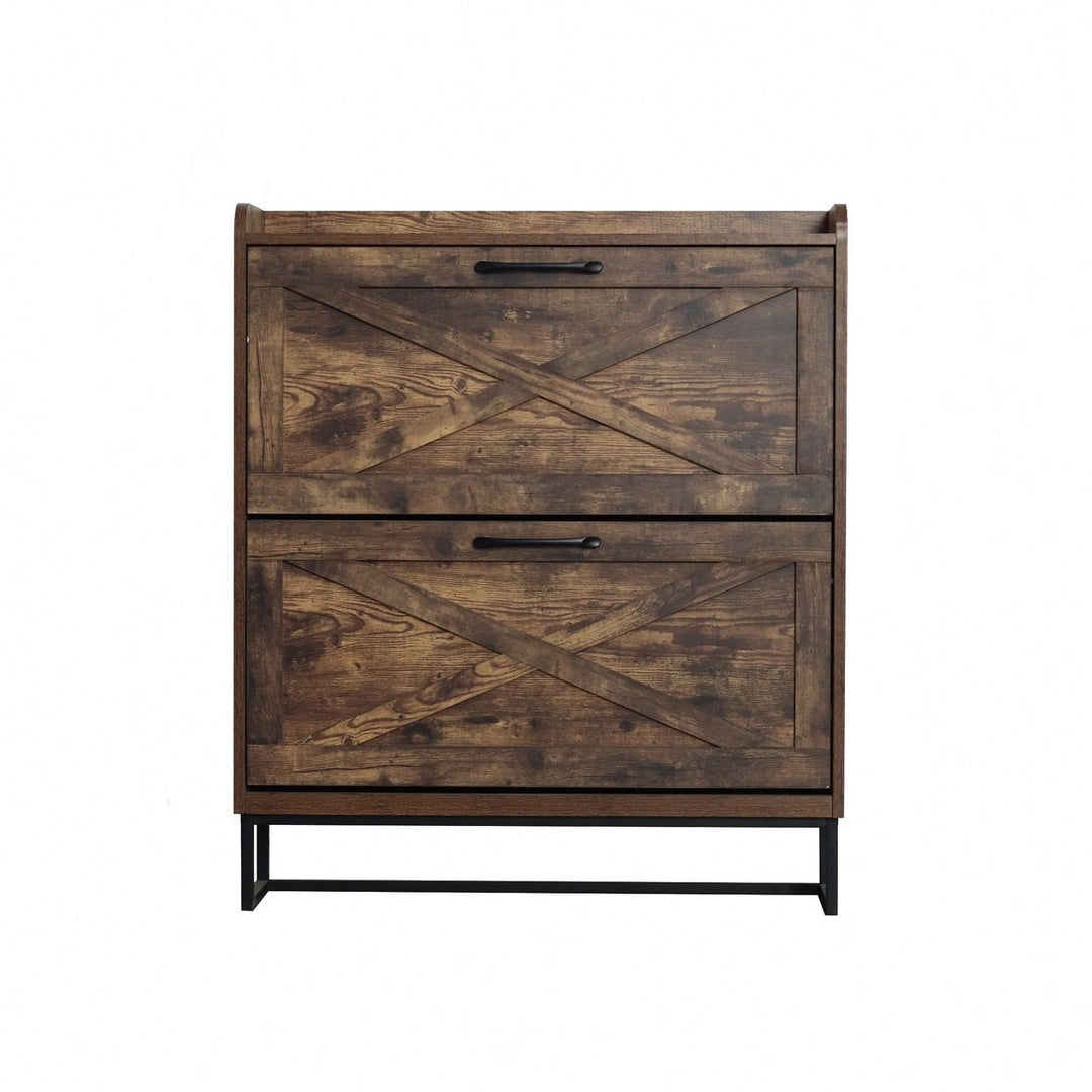 Rustic Brown Freestanding Shoe Storage Cabinet With 2 Flip Drawers And Metal Legs For Entryway Narrow Organizer Image 1