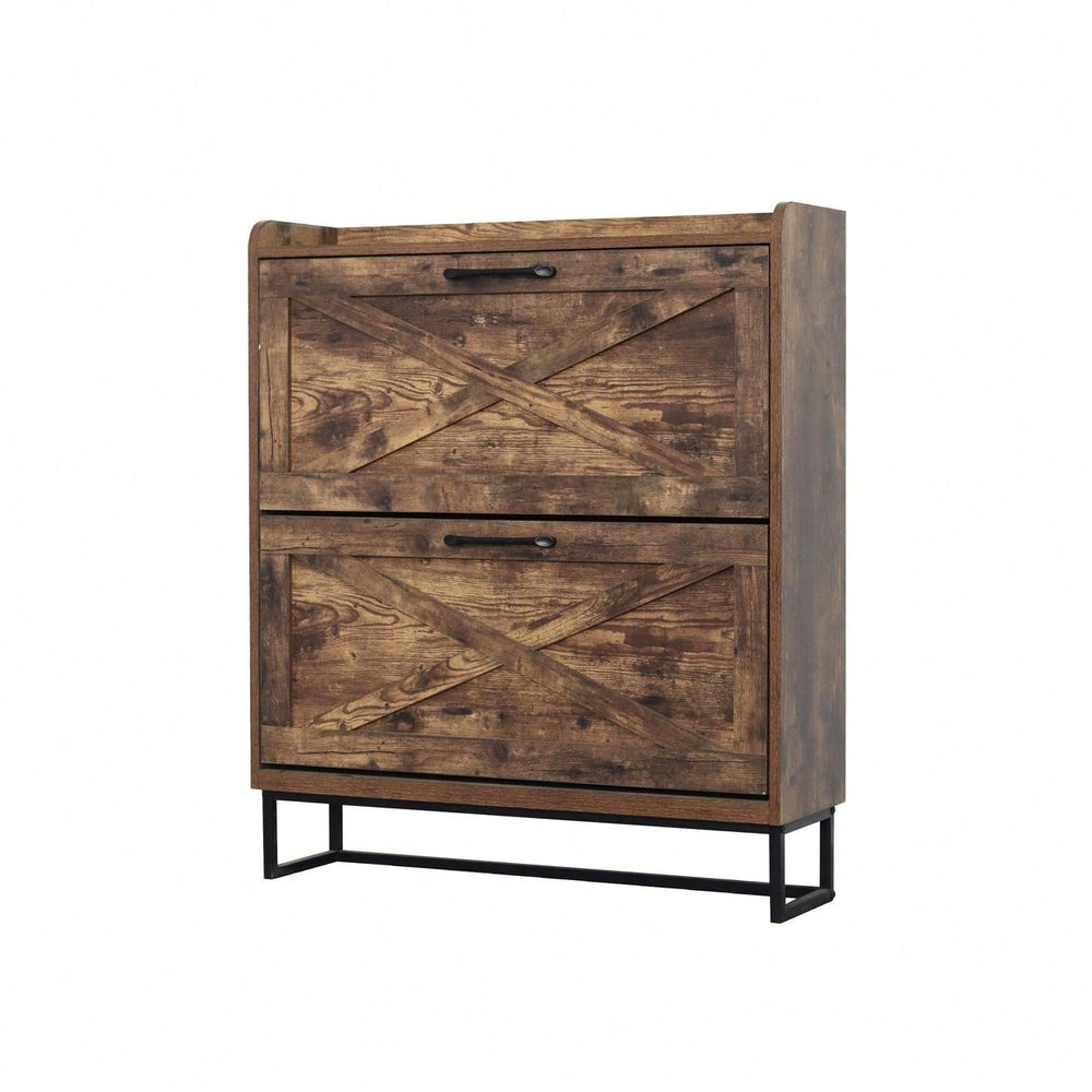 Rustic Brown Freestanding Shoe Storage Cabinet With 2 Flip Drawers And Metal Legs For Entryway Narrow Organizer Image 2