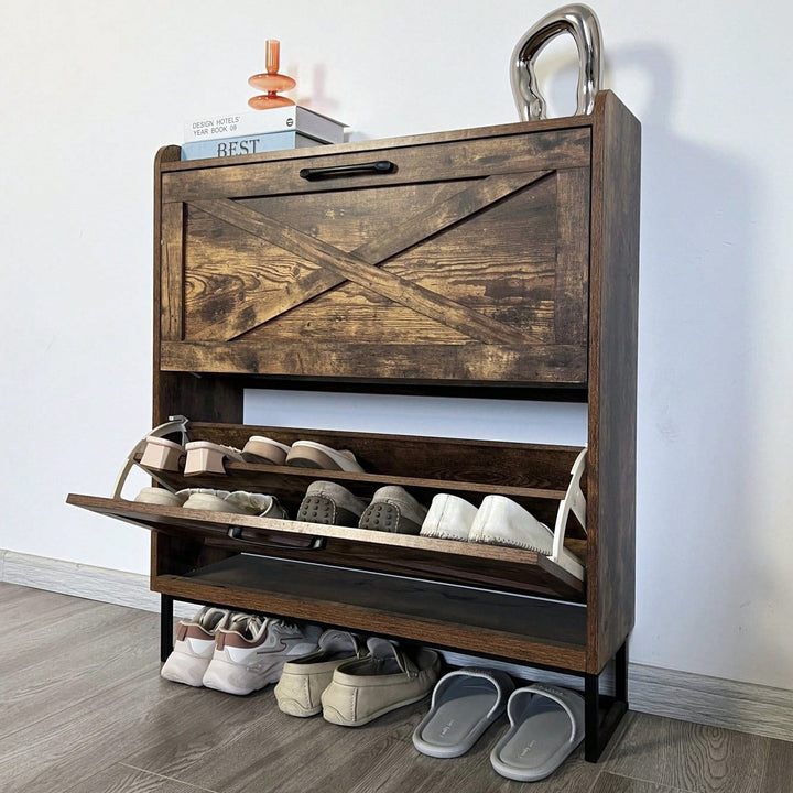 Rustic Brown Freestanding Shoe Storage Cabinet With 2 Flip Drawers And Metal Legs For Entryway Narrow Organizer Image 8