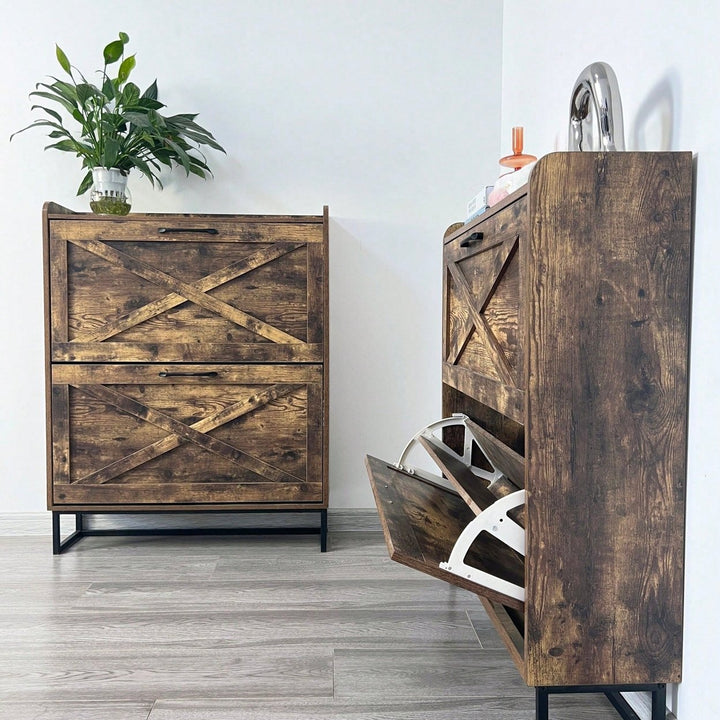 Rustic Brown Freestanding Shoe Storage Cabinet With 2 Flip Drawers And Metal Legs For Entryway Narrow Organizer Image 11