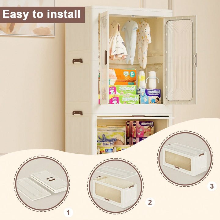 Portable Clothes Storage Organizer With Magnetic Doors, 4 Cubes, Hanging Rod, And 10 Hangers - Baby Wardrobe Cabinet In Image 7