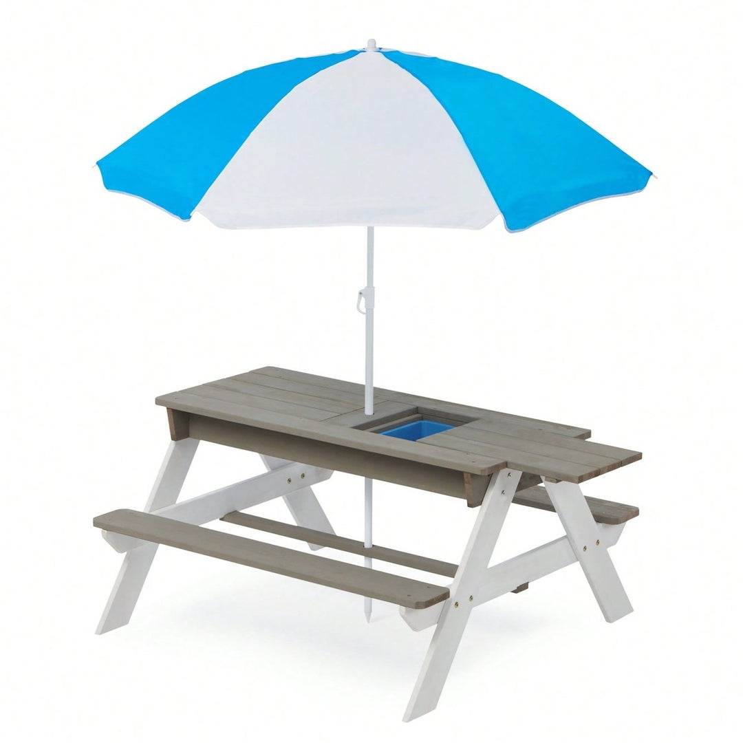 Outdoor Wooden Picnic Table With Umbrella For Kids - Sand And Water Activity Table For Backyard Play Image 1