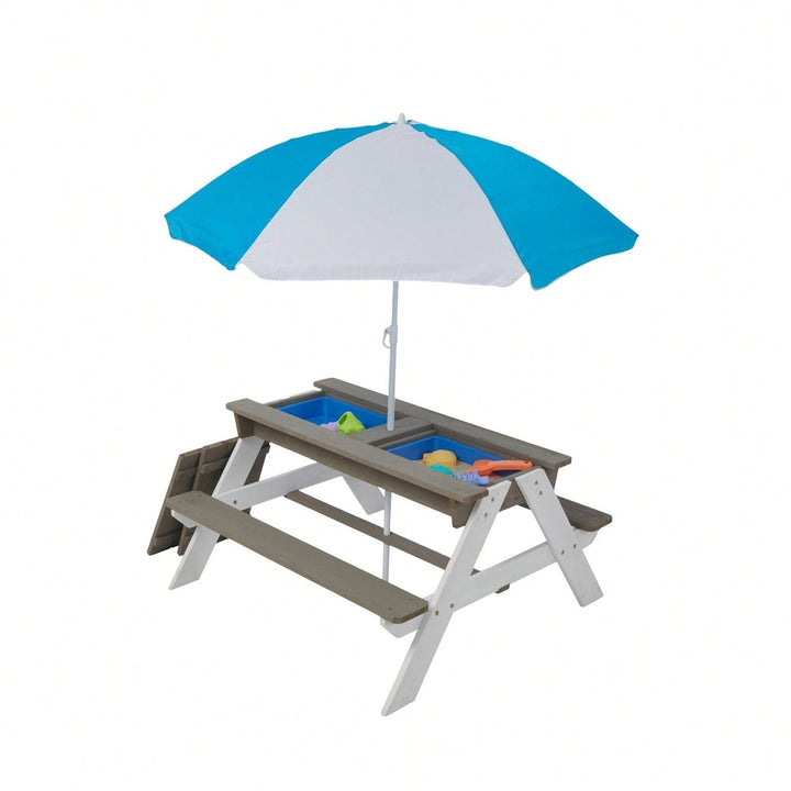 Outdoor Wooden Picnic Table With Umbrella For Kids - Sand And Water Activity Table For Backyard Play Image 4