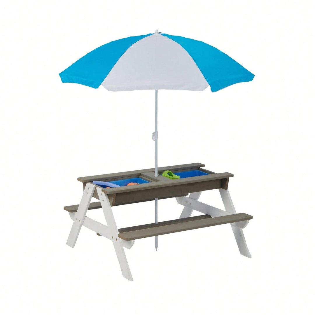 Outdoor Wooden Picnic Table With Umbrella For Kids - Sand And Water Activity Table For Backyard Play Image 6