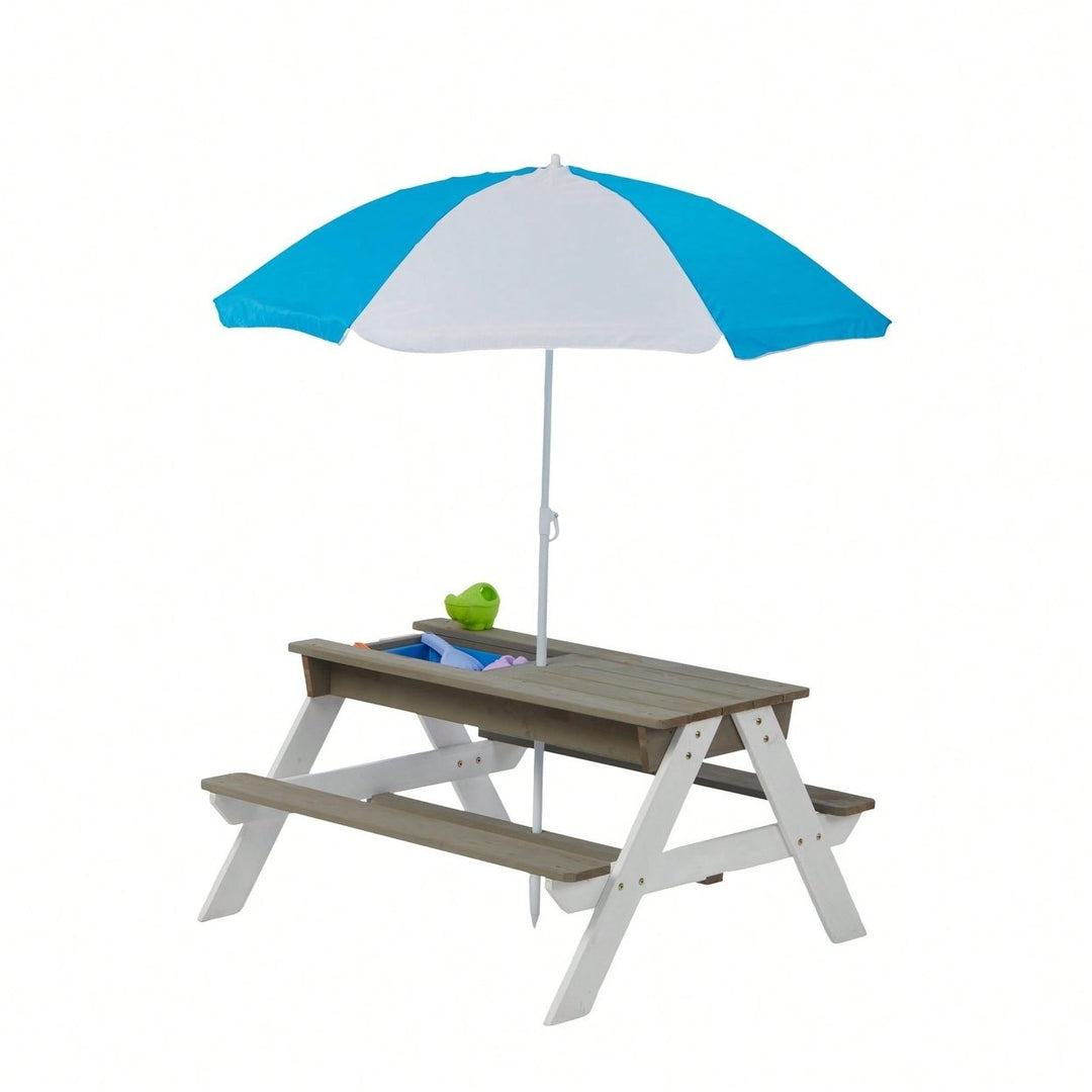 Outdoor Wooden Picnic Table With Umbrella For Kids - Sand And Water Activity Table For Backyard Play Image 7