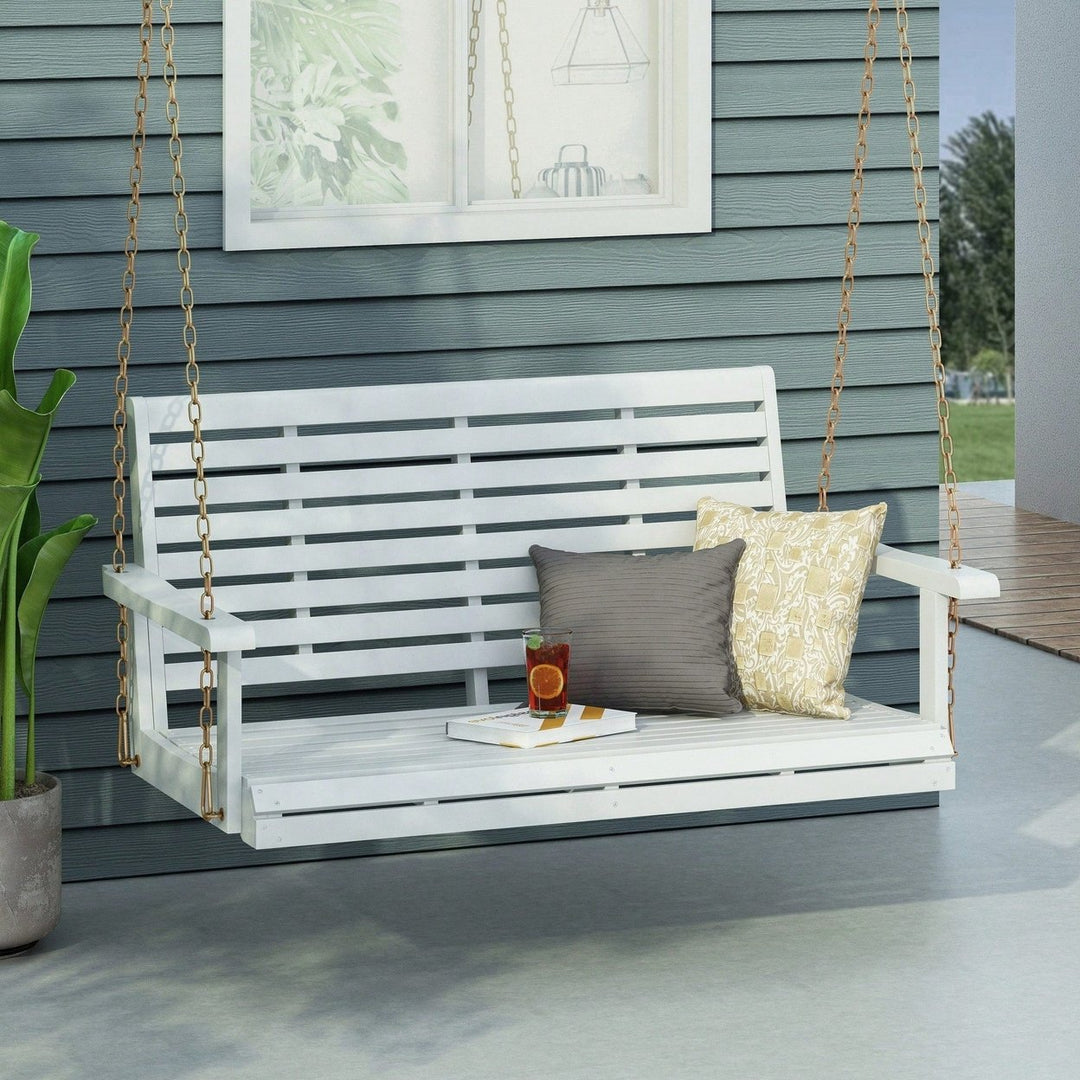 Outdoor Wooden Porch Swing With Cushions For Relaxation And Comfort Image 10