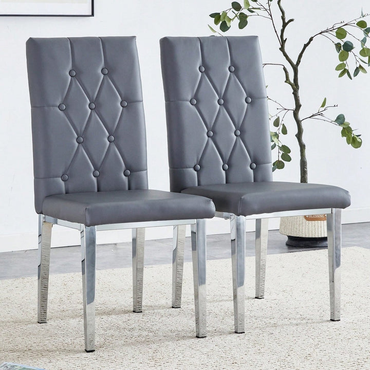 Set Of 2 Elegant Gray Armless Dining Chairs Set With Vintage Grid And Buckle Design Image 1