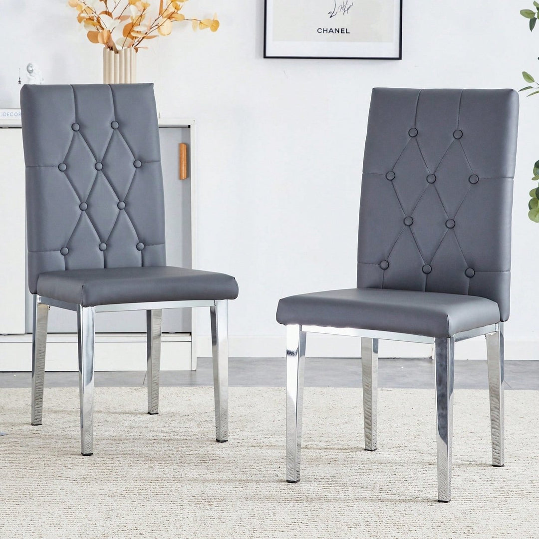 Set Of 2 Elegant Gray Armless Dining Chairs Set With Vintage Grid And Buckle Design Image 2