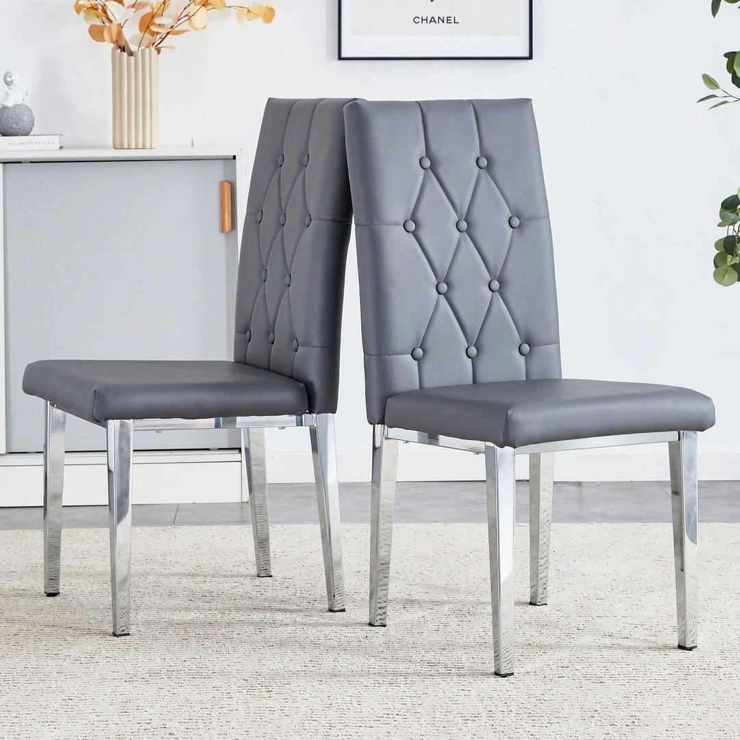 Set Of 2 Elegant Gray Armless Dining Chairs Set With Vintage Grid And Buckle Design Image 3