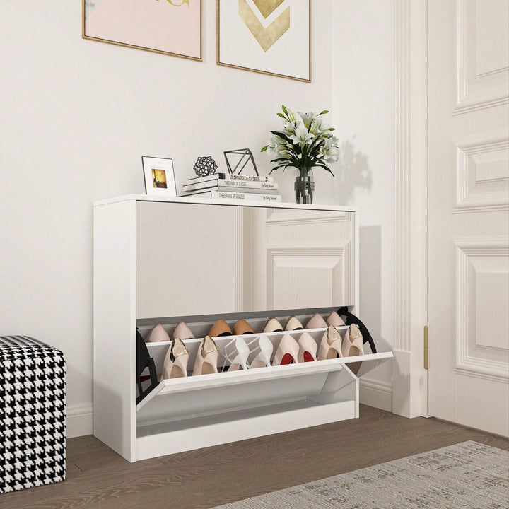 Stylish 2 Tier Shoe Storage Cabinet With Drawers For Entryway And Bedroom Flip Door Design Image 3