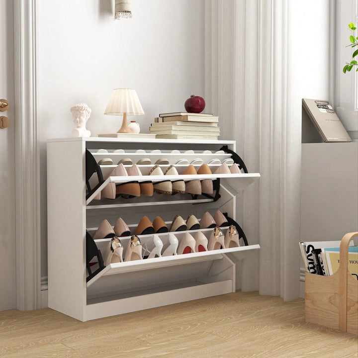 Stylish 2 Tier Shoe Storage Cabinet With Drawers For Entryway And Bedroom Flip Door Design Image 4