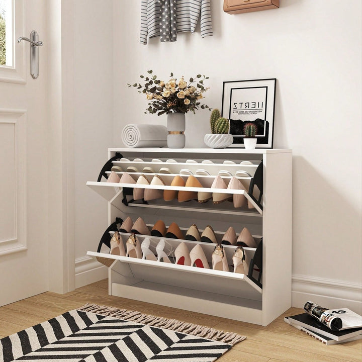 Stylish 2 Tier Shoe Storage Cabinet With Drawers For Entryway And Bedroom Flip Door Design Image 5