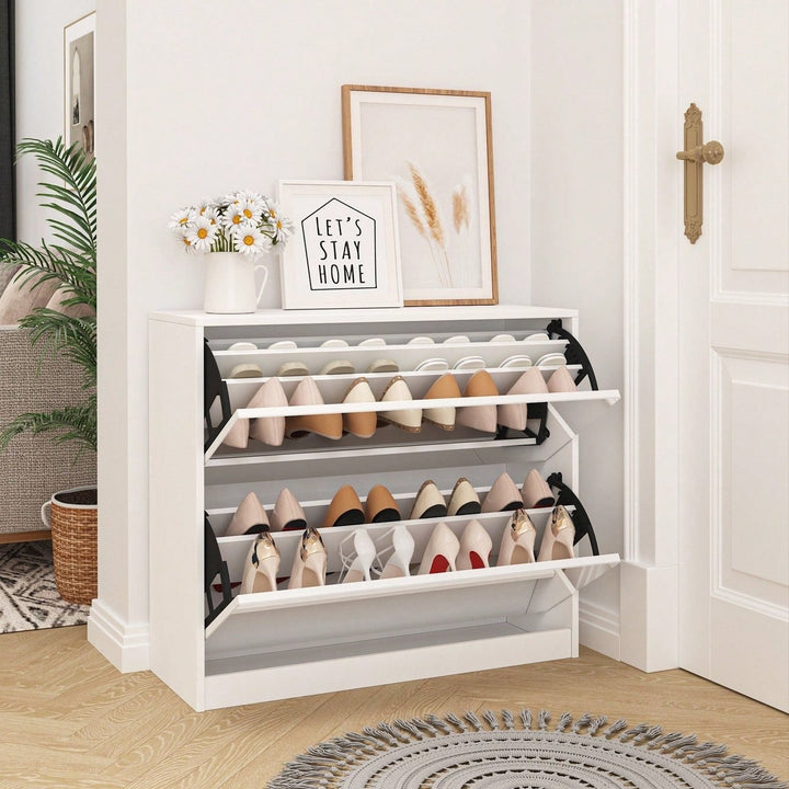 Stylish 2 Tier Shoe Storage Cabinet With Drawers For Entryway And Bedroom Flip Door Design Image 6