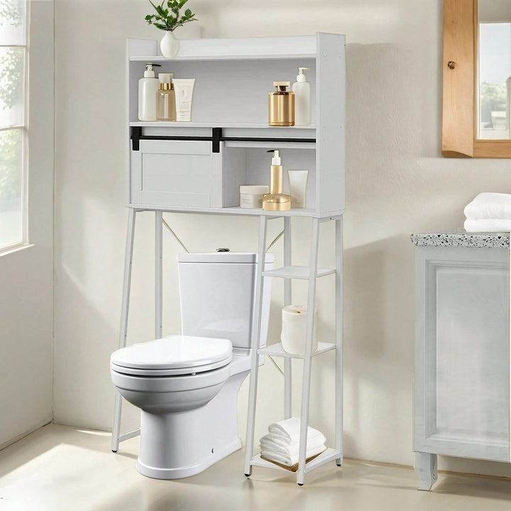 Space-Saving Over Toilet Storage Cabinet With Sliding Door And Toilet Paper Stand For Bathroom And Laundry Organization Image 2