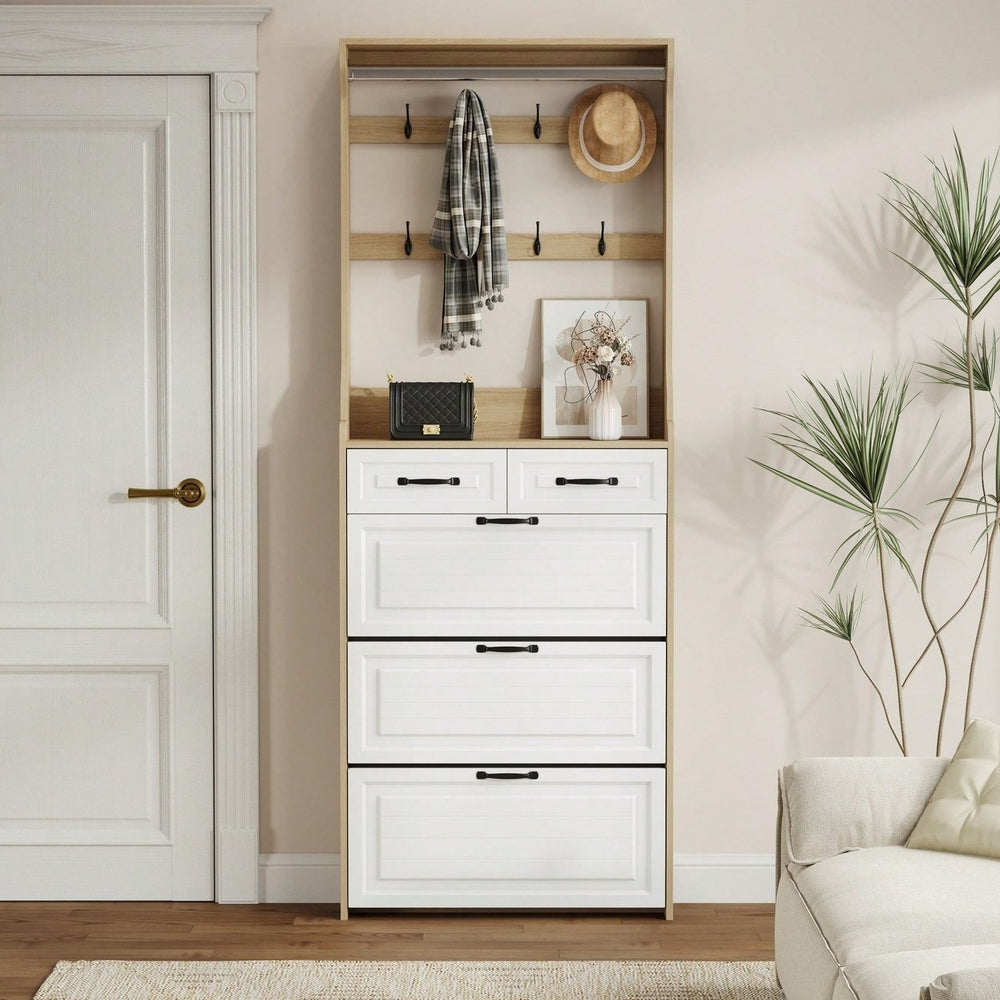 3-Door Shoe Cabinet With 2 Drawers And Hanger Spacious Storage Solution White Image 2